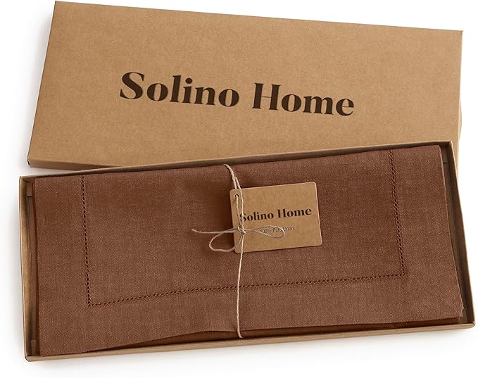 Solino Home Linen Brown Table Runner 36 Inches - Classic Hemstitch, 100% Pure Linen Coffee Table Runner 14 x 36 Inch Ideal for Dresser Tables