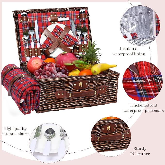 Neti Neti Wicker Picnic Basket for 4 with Insulated Cooler & Waterproof Blanket – Large Willow Picnic Hamper for Outdoor, Camping, Beach, Romantic Dates, Valentine’s Day