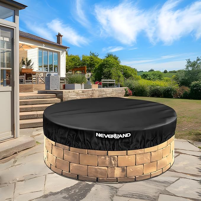 NEVERLAND Round Fire Pit Cover for In-Ground Fire Pits, 46-51 Inch Heavy Duty 600D Waterproof Outdoor Firepit Cover, Fits Built-In Stone Fire Pits, Black