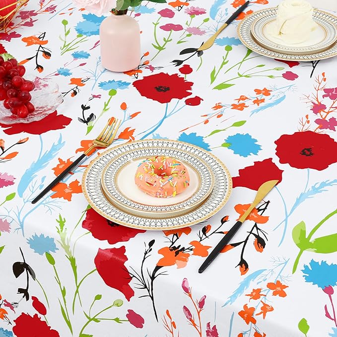 misaya Rectangle Waterproof Vinyl Table Cloth, Wipeable Tablecloth with Flannel Backing, Plastic Table Cover for Dinner, Picnic, Indoor and Outdoor (Flowers, 54" x 78")