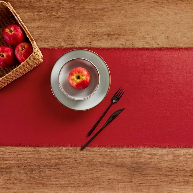 Solino Home Fringe Linen Table Runner 72 Inches Long - 100% Pure Linen Cherry Red Dining Table Runner 14 x 72 Inch for Valentines