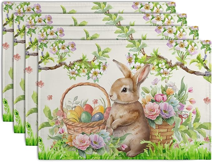 Easter Rabbit Placemats Set of 4 Spring Easter Egg Bunny Flowers Floral Place Mat 12x18 Inch Seasonal Farmhouse Linen Fabric Table Mats for Kitchen Dining Outdoor Indoor Easter Party Decoration