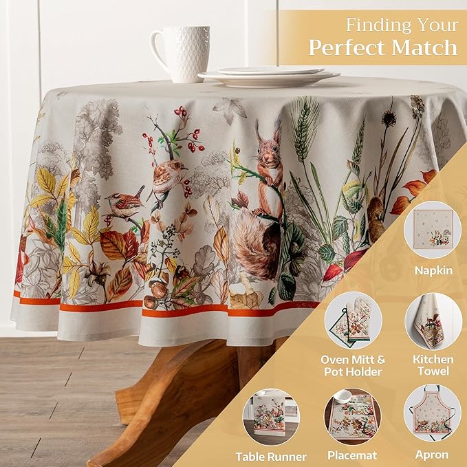 Maison d' Hermine Table Cloth Round Table 100% Cotton 63 Inches Fall Tablecloth Reusable Everyday Use for Thanksgiving Christmas Decorations Dining Farmhouse Party (Recolte)