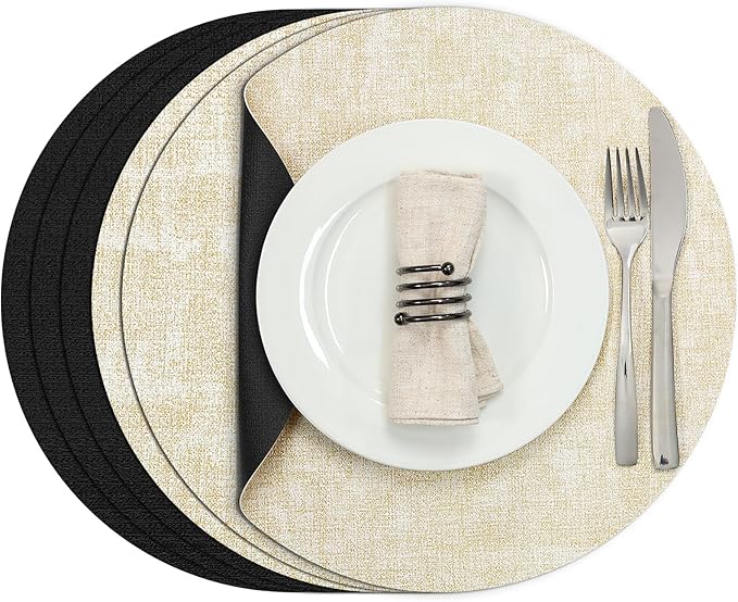 Myir JUN Round Placemats, Dual Sided Faux Leather Place Mats Set of 6 Indoor/Outdoor Non-Slip Washable Table Mats (Cream-White Black, Set of 6)