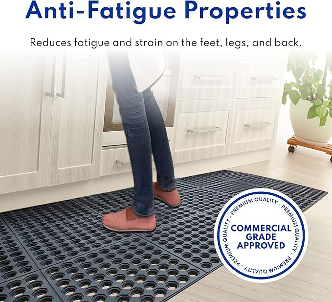 New Star Foodservice 54491 Commercial Grade Grease Resistant Anti-Fatigue Interlocking Rubber Floor Mat, 36" x 36", Black