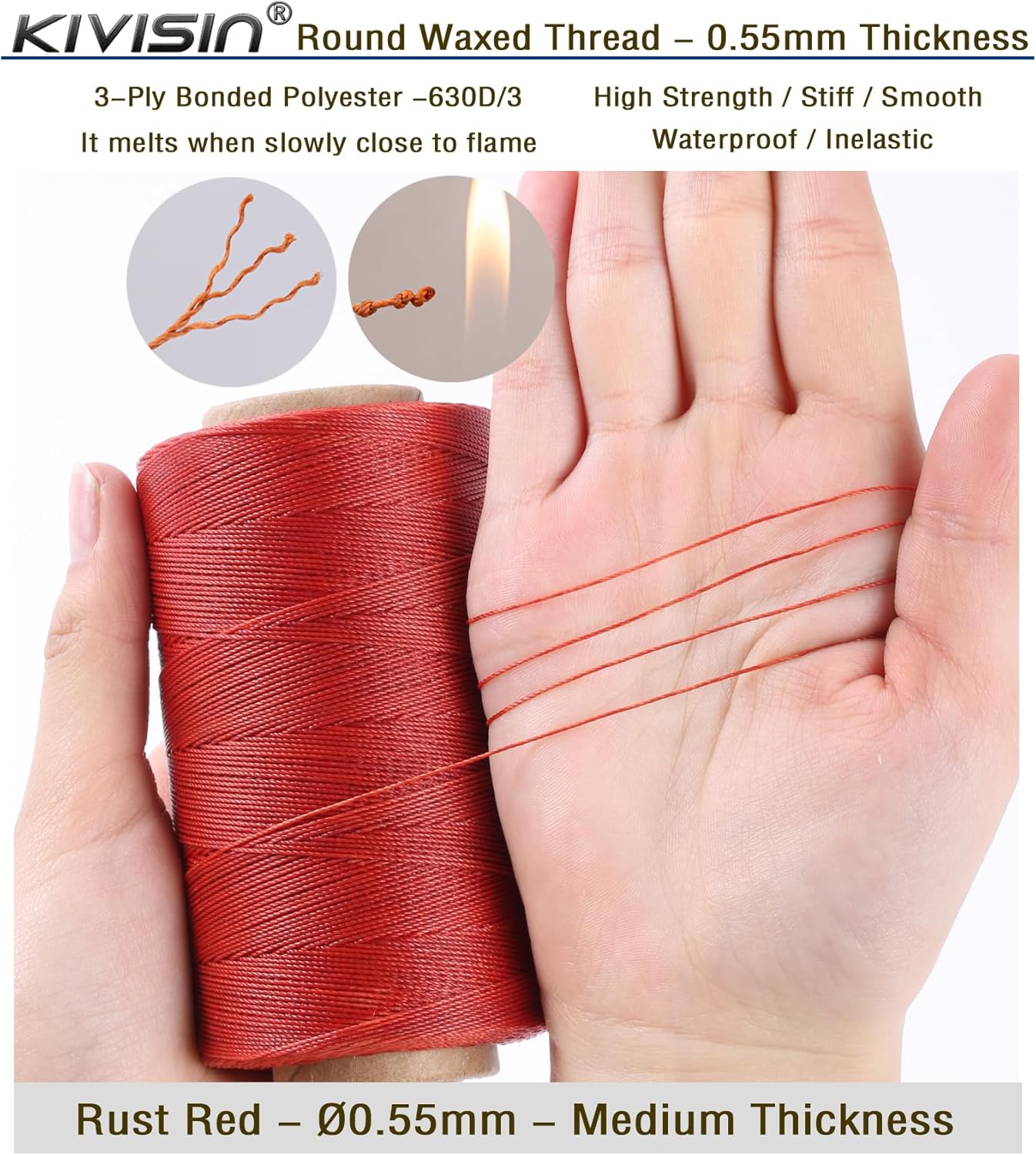 Sturdy Bonded Waxed Polyester Thread, 0.55mm, 437 Yards Wax String Cord - Rust Red for Leather, Hand Sewing, Stitching, Bookbinding, Beading, Bracelets and Macrame Jewelry Making