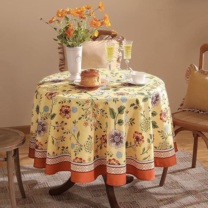 Vintage Linen Small Tablecloth for Round Table,Yellow Floral French Wrinkle Free Tablecloths,Decorative Table Cover for Kitchen,Dining,Thanksgiving,Farmhouse,Diameter 55"-Bellano