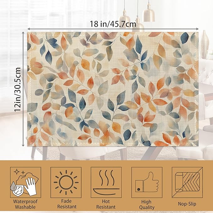 Placemats Set of 6,Autumn Leaves Table Mats,Fall Colorful Washable Linen Table Mats,Non-Slip Heat Resistant Placemats for Party Kitchen Dining Indoor Outdoor 12"x18"