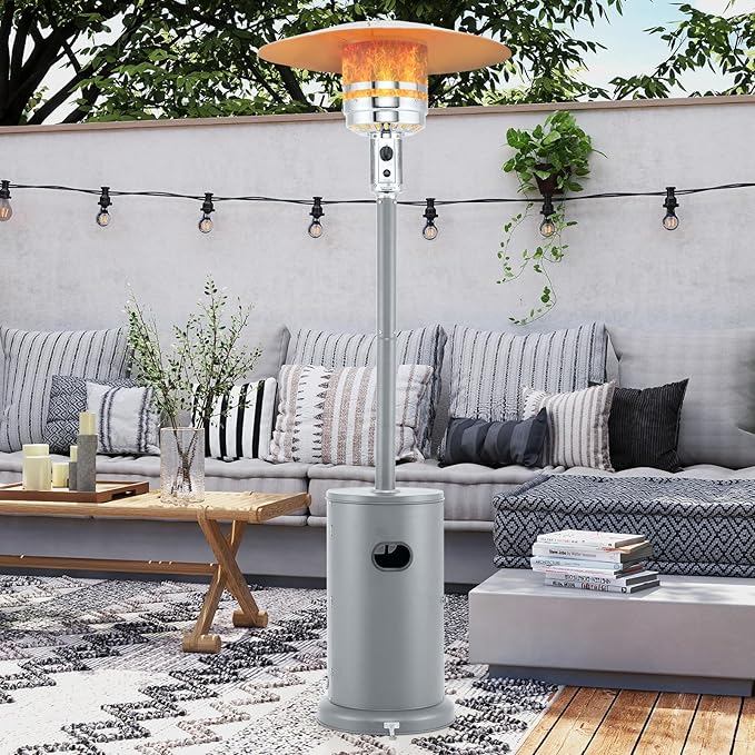 Tangkula 50,000 BTU Propane Outdoor Heater, Patio Heater with Strengthened Stainless Steel Burner, Tip-Over, Flame-Out Protection, Wheels, Outdoor Heaters for Patio (Grey)