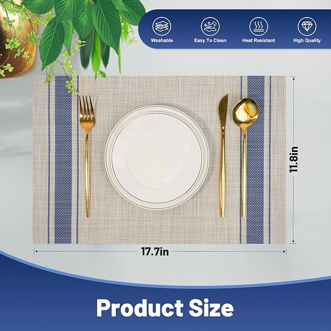 Placemats Set of 12，Non-Slip PVC Weave Table Mats Easy to Clean，Heat Resistant Place Mats for Kitchen Dining Table Decoration Indoor Outdoor，Khaki Blue