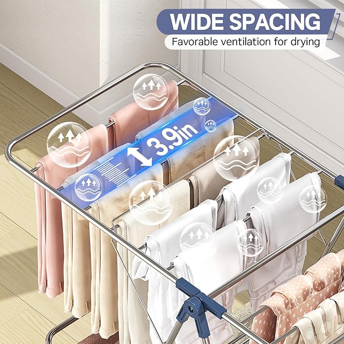 APEXCHASER Clothes Drying Rack with 4 Wings, Stainless Steel Drying Rack Clothing with Height-Adjustable, Foldable Gullwings Laundry Drying Rack, Indoor Outdoor Use, No Assembly, Regular Blue