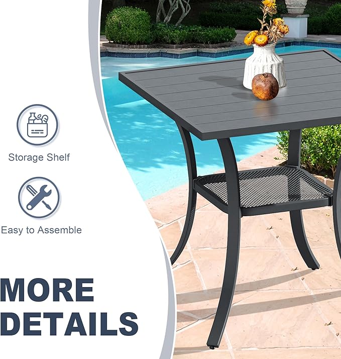 VICLLAX Patio Dining Table, Square Table Metal Outdoor Bistro Table with Rack for Balcony Garden Deck, 28inch Dark Grey