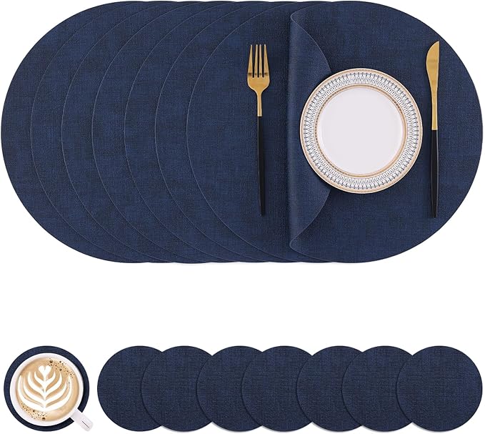 Homaxy Round Faux Leather Placemats and Coasters, Washable Dual-Side Table Mats, Wipeable Heat-Resistant Dining Place Mats for Outdoor and Indoor, Set of 8, Diameter 13 and 3.93 inch, Navy Blue