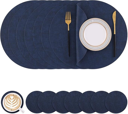 Homaxy Round Faux Leather Placemats and Coasters, Washable Dual-Side Table Mats, Wipeable Heat-Resistant Dining Place Mats for Outdoor and Indoor, Set of 8, Diameter 13 and 3.93 inch, Navy Blue