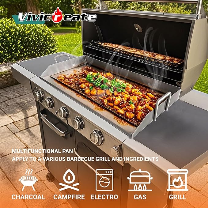 Vivicreate Stainless Steel Outdoor Griddle for Gas & Charcoal Grills, 38 lbs Flat Top Grill Plate with Grease Groove & Handles, Extra-Large BBQ Insert for Garden, Patio & Camping 31”x17”