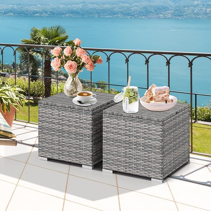 Tangkula 2 Pieces Patio Ottomans, Patiojoy Hand-Woven PE Rattan Side Table with Removable Cushion & Hidden Storage Space, Multifunctional Storage Box, Seat for Patio, Backyard, Poolside (Light Grey)