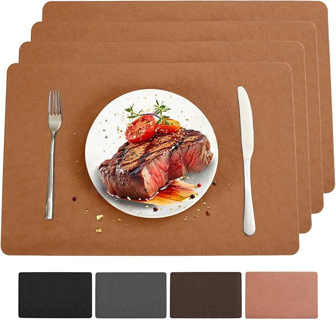 Vinyl Placemats Set of 4 Heat Resistant Easy Clean Non-Slip Place Mats for Dining Table. Faux Leather Waterproof Stain Resistant Wipeable Washable PU Table Mats(4, Light Brown)
