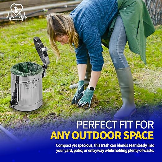 Pet Fit For Life 11" Tall Galvanized Steel Trash Can - Features Step Foot Pedal, Lid Lift - Plastic Inner Lining & Custom Liner Bags - Weather-Resistant, Covered Bin for Lawn & Yard (5L/1.3 Gallons)