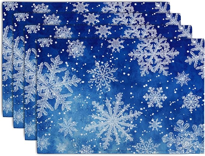 Winter Blue Snowflake Placemats Set of 4 Merry Christmas Snowflakes Linen Fabric Table Mats Seasonal Xmas Holiday Washable Place Mats for Party Kitchen Dining Outdoor Indoor Decor