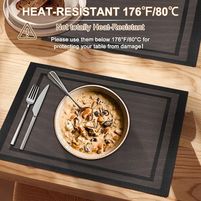 BETEAM Placemats Set of 6, Woven Vinyl Placemat for Dining Table Washable Wipeable Kitchen Place Mats Durable Indoor Outdoor Table Mats