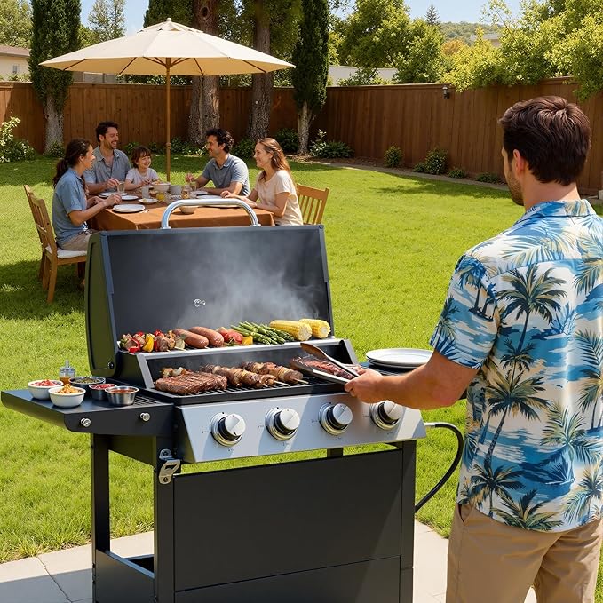 4-Burner Stainless Steel Gas Grill | 34,000 BTU Total Output & 421 sq.in Cooking Area | Powerful Even-Heat System for Large Family BBQs & Backyard Parties