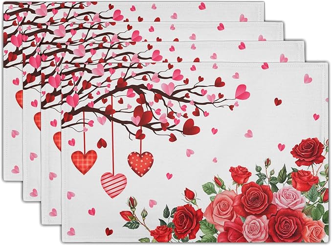 Giwawa Valentine's Day Placemats, Romantic Love Hearts Tree Branches Rose Floral Table Mat, Heat Stain Resistant Linen Place Mats for Kitchen Dining Wedding Anniversary Decor, 12"x18", Set of 4