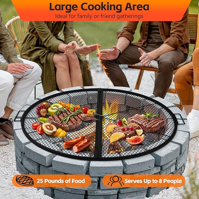 X-Marks Fire Pit Cooking Grill Grate with Support X Wire - Heavy Duty Folding Round Campfire Grill Grid - Portable Camping Cookware for Outside Party Gathering - 36 inch