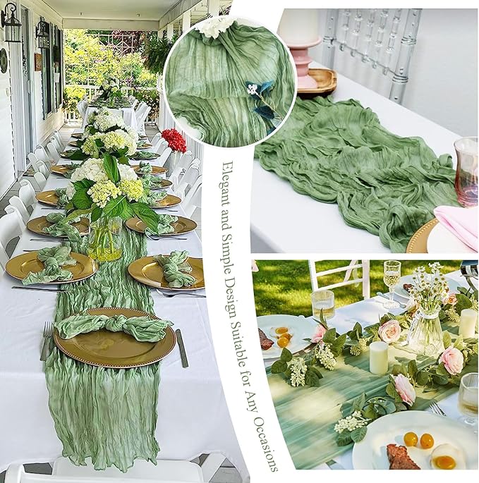20 Packs Cheesecloth Table Runner 10FT Long Boho Gauze Fabric Table Runner Vintage Rustic Sheer Runners for Wedding Party Bridal Baby Shower Table Decorations (Sage Green)