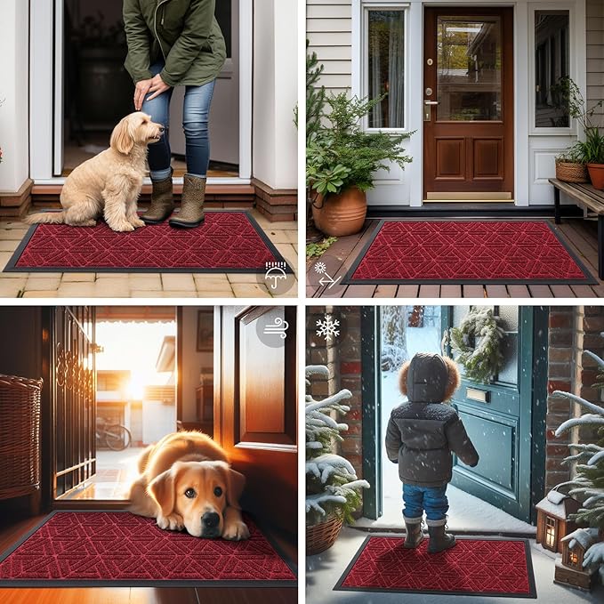 Smiry Front Door Mat Outside Entrance, Heavy Duty Sturdy Natural Rubber Doormat, Trap Dirt and Moisture, Easy Clean Low Profile Mats for Indoor Outdoor Entry, Grid Geometric (36x24, Wine Red)