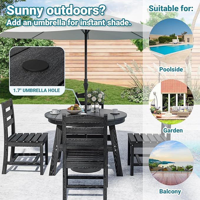 5 Piece Round Outdoor Dining Set, Relaxing HDPE Outdoor Table and Chairs with 105° Ergonomic Backrest, All-Weather Patio Table and Chairs Set with Umbrella Hole for Porch, Poolside, Black