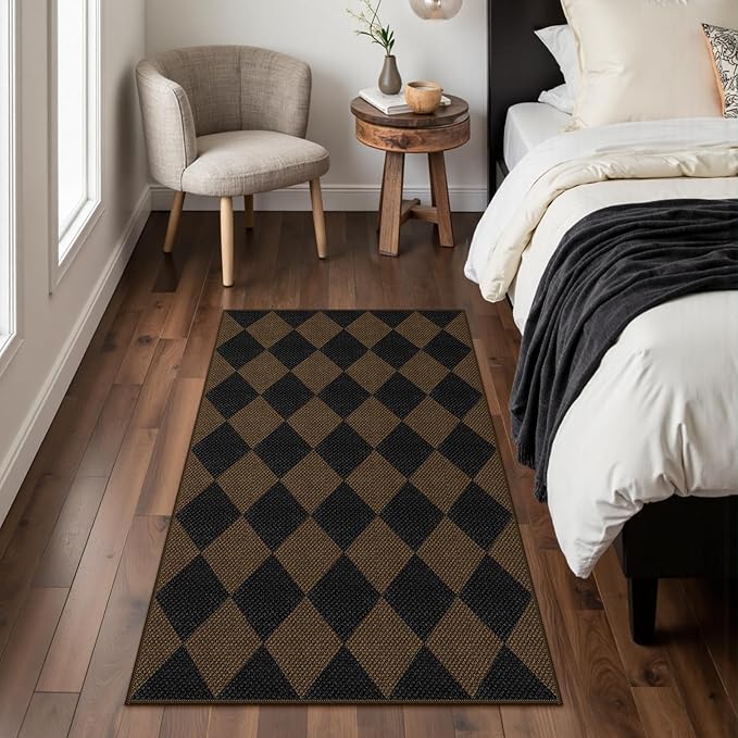Easy Jute Checkered Entryway Rug, 2.6x4 Coffee Modern Indoor Outdoor Doormat Non-Slip Washable Kitchen Rug, Neutral Farmhouse Diamond Throw Rugs for Entrance Bedroom Porch Patio