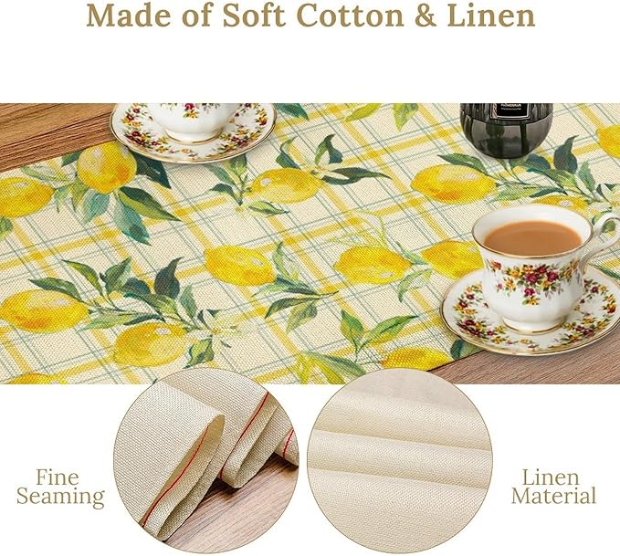 Yellow Plaid Lemon Table Runner Nature Watercolor Plant Countryside Farm Fruit Aesthetic Dining Table Decoration for Home Holiday Party Dresser Kitchen Cabin Restaurant Wedding Decor 13×90in