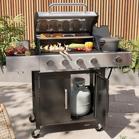 Aoxun 4-Burner Propane Grill with Side Burner, 49000 BTU Gas Grill, Stainless Steel Outdoor Grill with Cast Iron Grates & Side Tables for Backyard, Patio, Camping