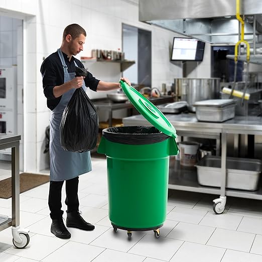PRO&Family Commercial Round Trash Can with Lid and Dolly Rolling Waste Container, Ingredient Bin, Heavy-Duty Plastic, Anti-Static, Kitchen, Office, Outdoor Use (Green, 44 Gallon)