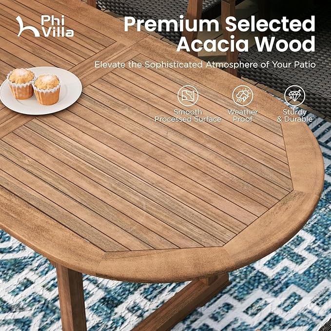 PHI VILLA 9 Pieces Acacia Wood Outdoor Dining Set for 8, Expandable Teak Wooden Table & Chairs, Large Farmhouse Furniture Set for Patio, Deck, Backyard, Porch