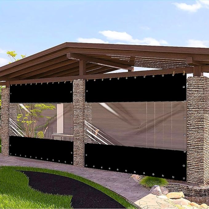 20 Oz Outdoor Vinyl Curtain, Outdoor Clear Panel Curtain, Weather Resistant Outdoor Curtain for Pergola, Porch, Gazebos, with Rustproof Grommets (7'H x 10'W, Black)