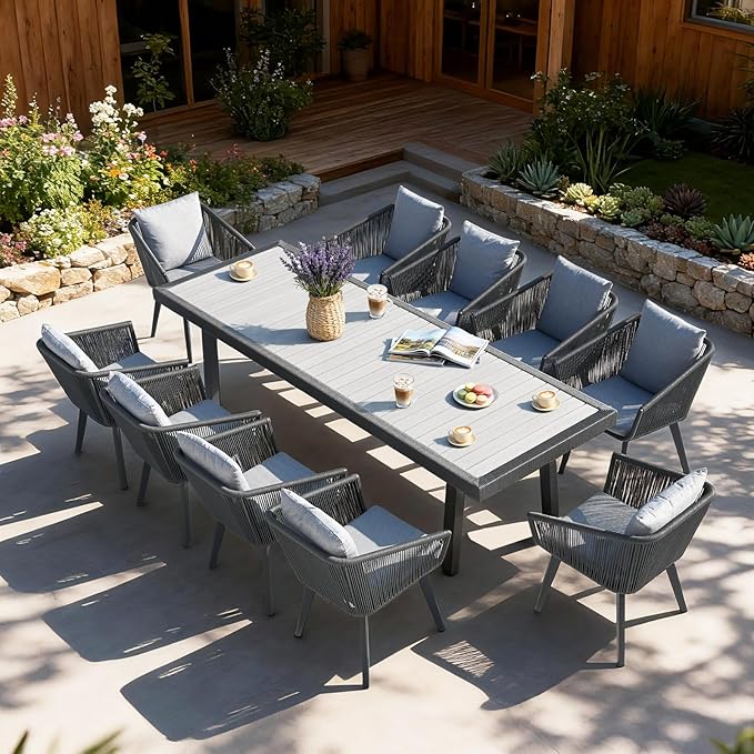 11 Pieces Patio Dining Set for 10 - All Weather Outdoor Dining Sets, All in One Outdoor Table and Chairs, Wicker Outdoor Patio Furniture Sets with Cushions and Pillows, Grey