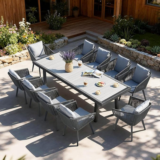 11 Pieces Patio Dining Set for 10 - All Weather Outdoor Dining Sets, All in One Outdoor Table and Chairs, Wicker Outdoor Patio Furniture Sets with Cushions and Pillows, Grey