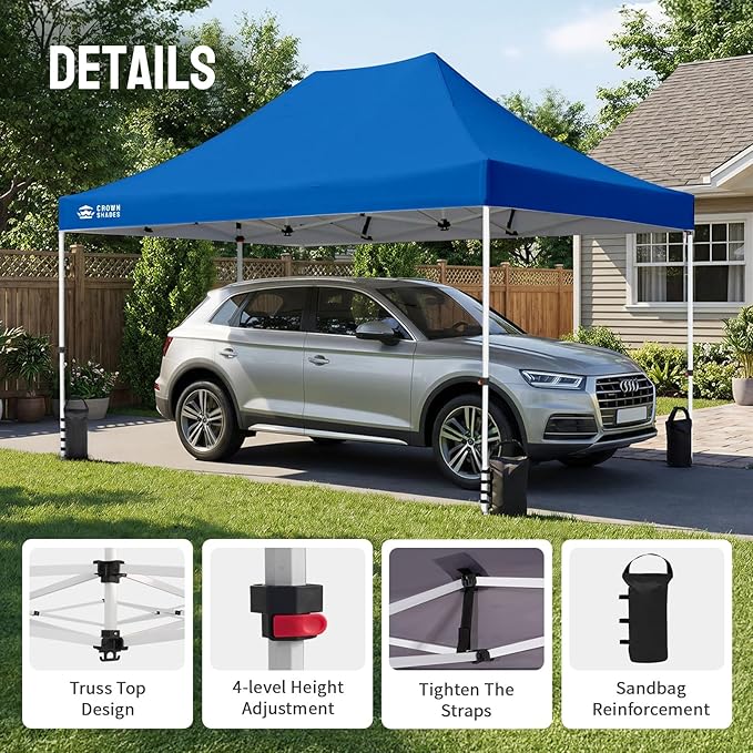 CROWN SHADES 10x15 Pop Up Canopy Tent, Thicken Frame Commercial Heavy Duty Tent, 8 Stakes & 4 Sandbags & 4 Ropes, Outdoor Canopies for Events, Parties,Blue