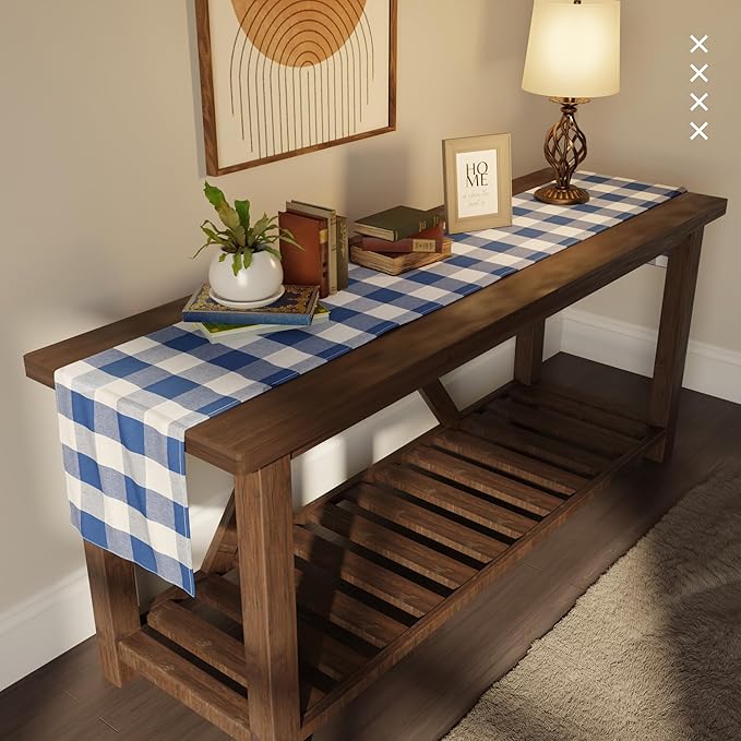 Encasa XO Cotton Dining Table Runner | Buffalo Blue Checks | Size 13x104 in - Machine Washable & Durable