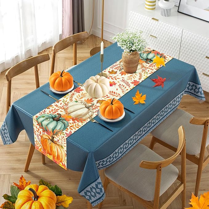 Pumpkin Fall Table Runner, Maple Leaf Autumn Thanksgiving Kitchen Table Decorations for Home Party Decor 13×72 Inches