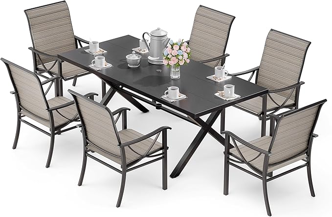 Kurapika 7-Piece Patio Dining Set, Patio Furniture Set for 6, Outdoor Large Metal Table with Umbrella Hole and Textilene Chairs, for Garden, Deck, Porch, Pool All Weather, Brown