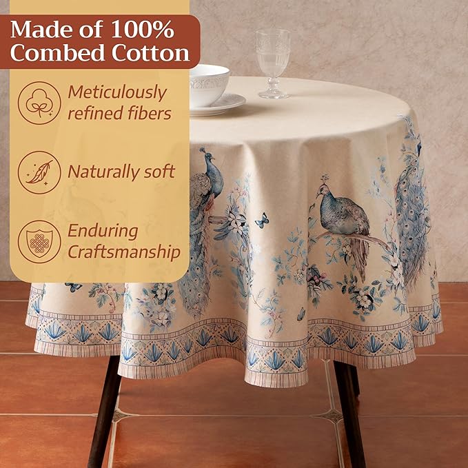 Maison d' Hermine Premium Table Cloth Round Table 100% Combed Cotton 70" Diameter Inches Tablecloth Reusable Decorative for Dining Room, Home, Party, Festive & Wedding - Peacock Utopia - Sandy Beach