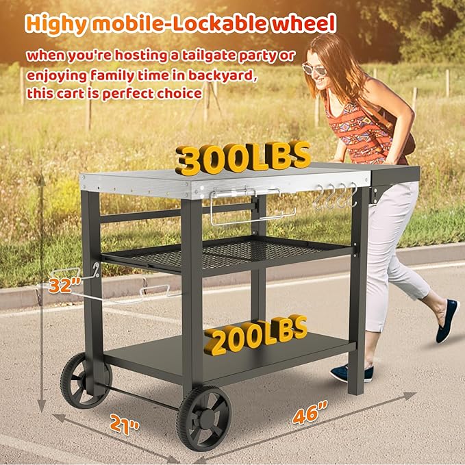 Outdoor Kitchen Island, Grill Table Cart with Drawer, Pizza Oven Stand, Movable 3-Shelf Prep Table with Side Table for Ninja Woodfire, Ooni Pizza Oven, Blackstone Griddle, Cuisinart, Barbecue tool set