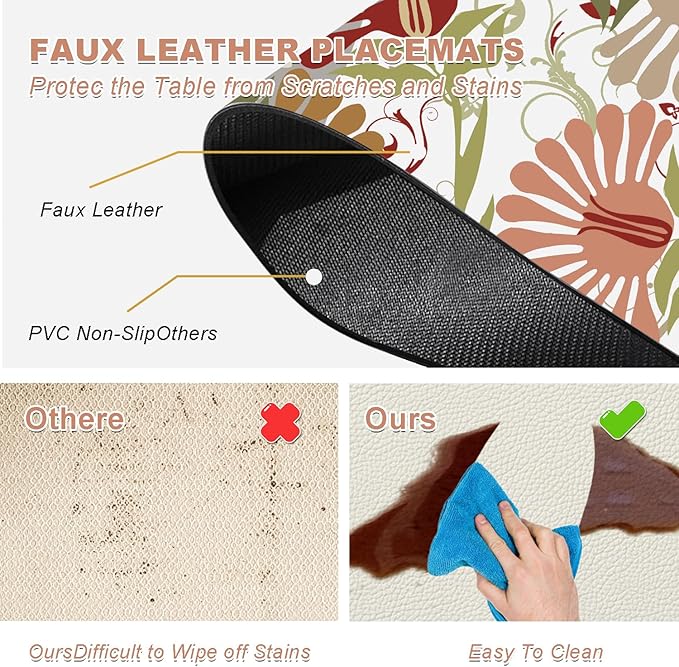Flower Placemats Set of 4 - Spring Floral Faux Leather Heat Resistant Placemats for Dinner Table, Non-Slip Waterproof Oil-Proof Washable Reusable Placemat for Indoor Outdoor Kitchen, 15.75In*11.81In