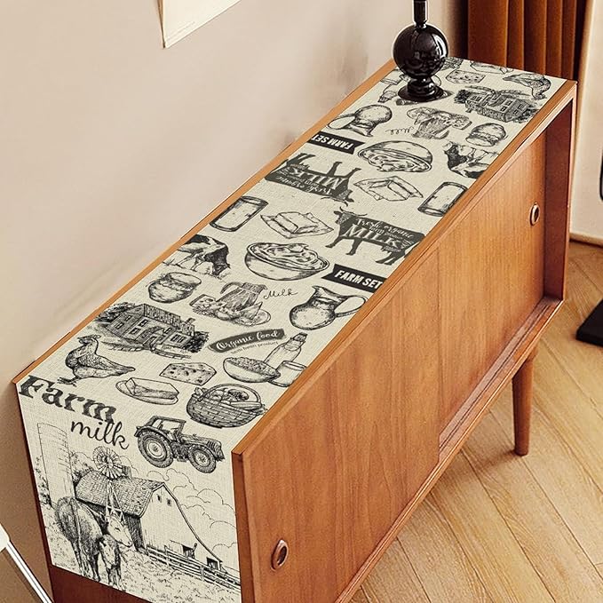 Farm Animals Table Runner, Rustic Farmhouse Rooster Cow Chicken Black Print Watercolor Coffee Table Center Decor for Home Kitchen Dining Patio Party Indoor Outdoor Table Decorations, 13" X 36"