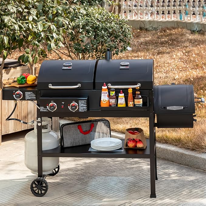 2-Burner Gas and Charcoal Combo Grill with Offset Smoker & Side Burner, 34,000 BTU Dual Fuel Grill, 1020 Sq. In. Cooking Area, Ideal for Outdoor Cooking, Black, ZH3005Y-SC