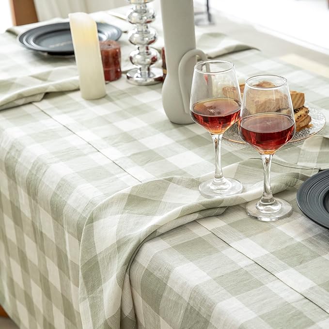EVERLY 100% Yarn-Dyed Linen Rectangle Tablecloths 60x84Inches for Dining,Buffet Parties,Picnic,Events and Restaurants,Decorative Halloween,Thanksgiving Machine Washable Tablecloths-Sage Green Plaid
