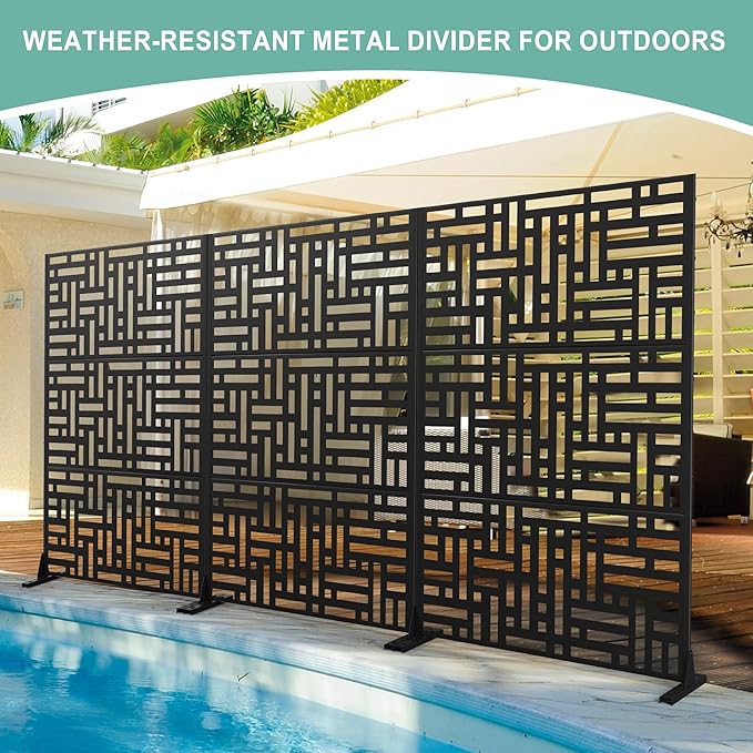 Metal Privacy Screen for Outdoor & Indoor Use, Free Standing Privacy Screen for Patio Garden Pool, 72" H x 47" W Decoative Privacy Panels, Weather Resistant, Easy Assembly (Black Street Floral)