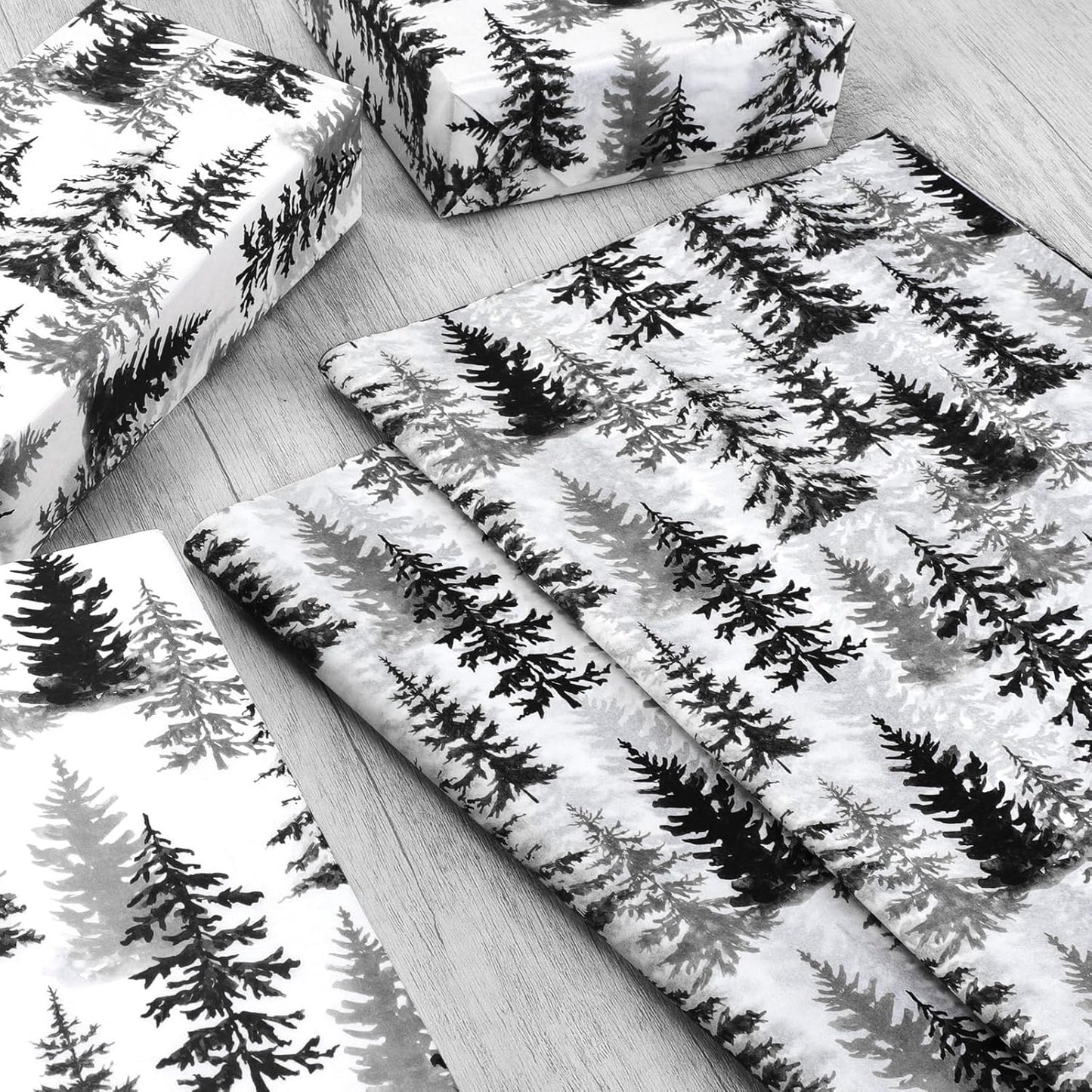 100 Sheets Christmas Tree Tissue Paper, 20x14in Forest Style Wrapping Tissue Watercolor Xmas Tree Art Tissue for Xmas Party Gift Bag Fillers Winter Party Decor (Black)